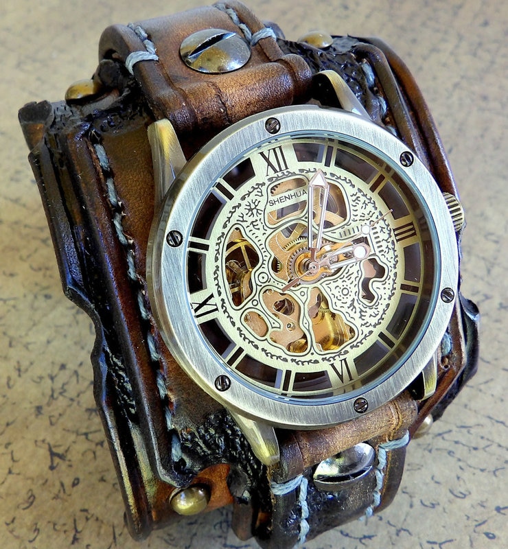 Steampunk leather watch cuff with automatic mechanical steampunk watch