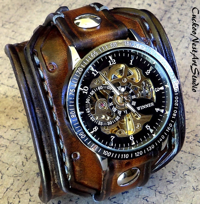 Black and gold steampunk watch with wide custom leather band